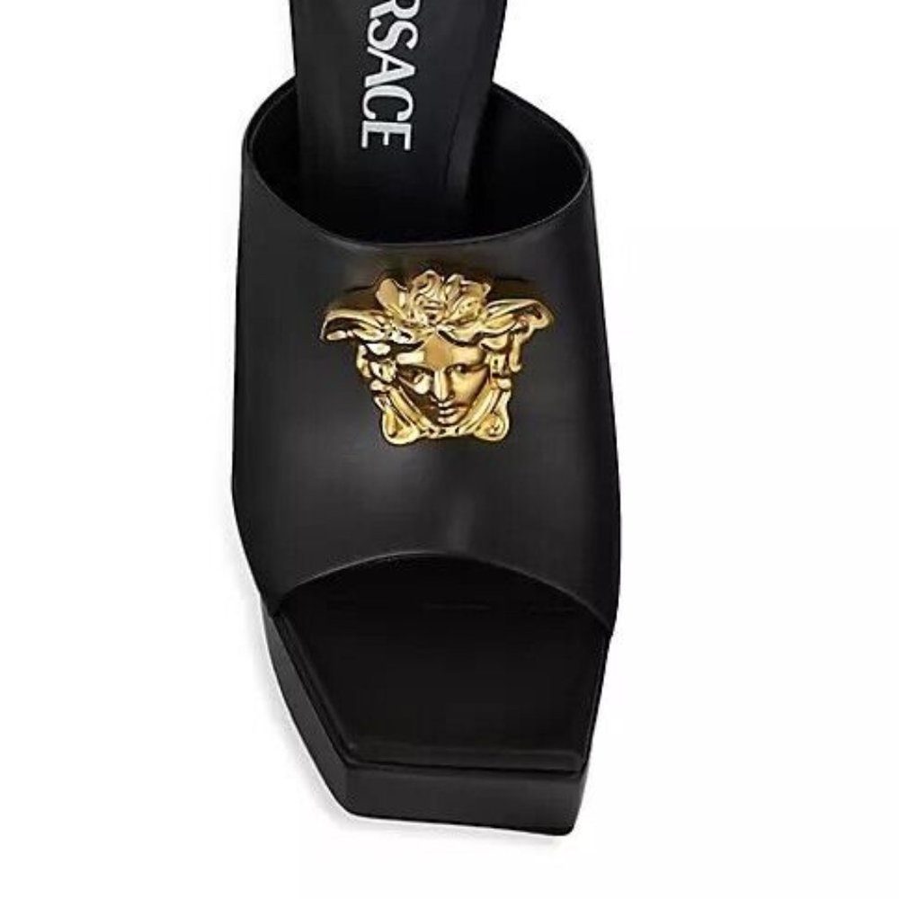 Versace La Medusa Gold 140MM Leather Platform Mules/Sandal Black Size 38/5 - Picture 5 of 16